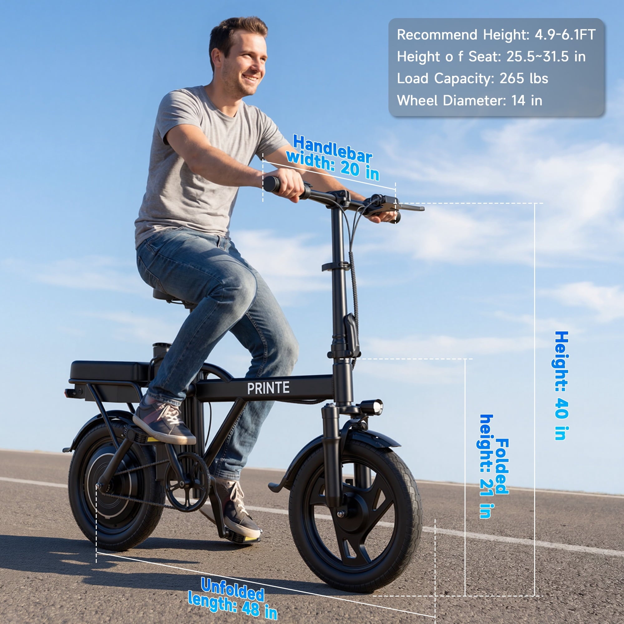 PRINTE N14 Electric Bike Black 500W 48V, 14' Mini Ebike for City Commuter for Adult with Two Seats UL2849 Electric Bikes