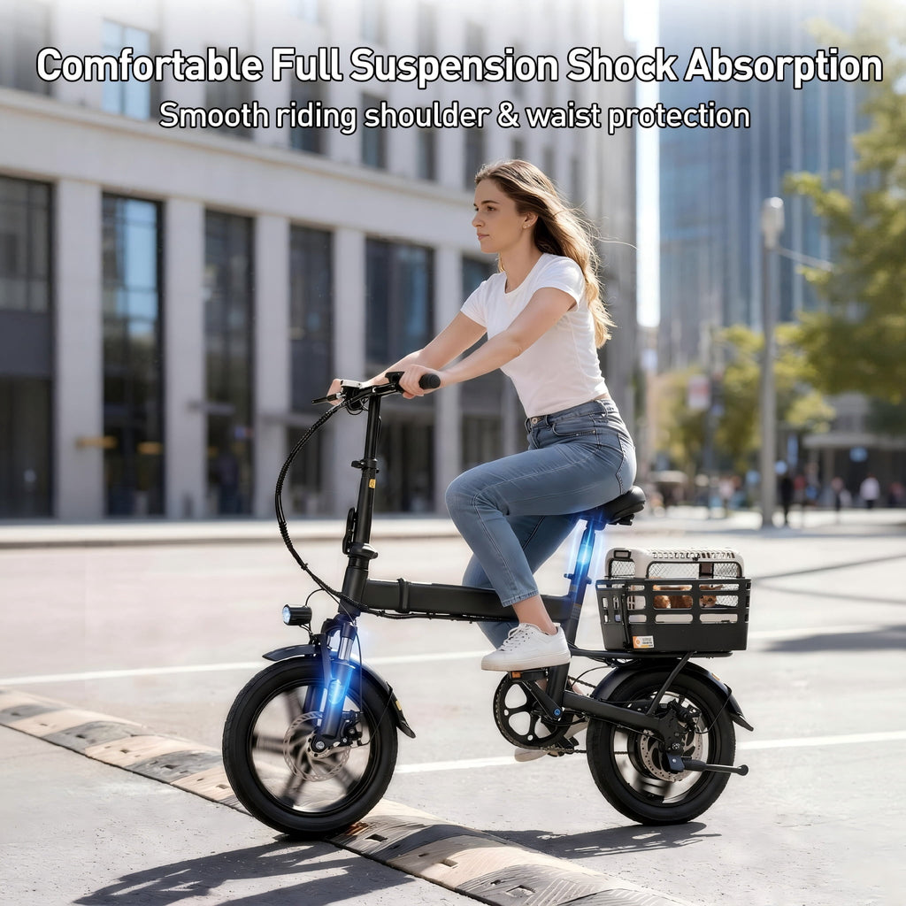 XKJ Electric Bike for Adults, Ebike, Electric Bicycle with 48V 12AH Removable Battery,14 Folding Ebike, 20MPH,20+ Miles(MAX),500W High Motor,Multi-Shock Absorption,Commuting Mini E Bikes,UL2849 Electric Bikes