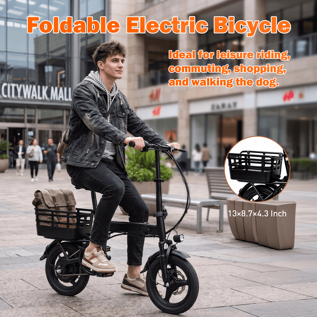 14 Foldable Electric Bike, 500W Peak Commuter Ebike for Adults, Mini Ebike with Basket, 480WH Battery, 18MPH & 20 Miles, UL2849 Electric Bikes