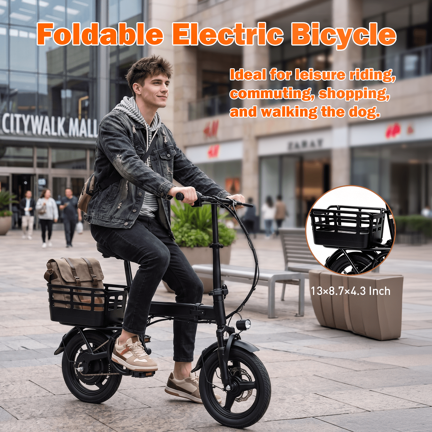 14 Foldable Electric Bike, 500W Peak Commuter Ebike for Adults, Mini Ebike with Basket, 480WH Battery, 18MPH & 20 Miles, UL2849 Electric Bikes