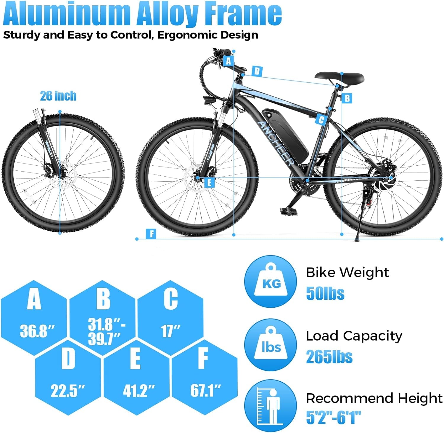 ANCHEER Electric Bike ,26 Electric Bike for Adults Electric Bicycles, 500W Electric Mountain Bike, 48V Commuter Ebike 48V Battery Ebike UL 2849, Lockable Suspension Fork, Shimano 21 Speed Electric Bikes