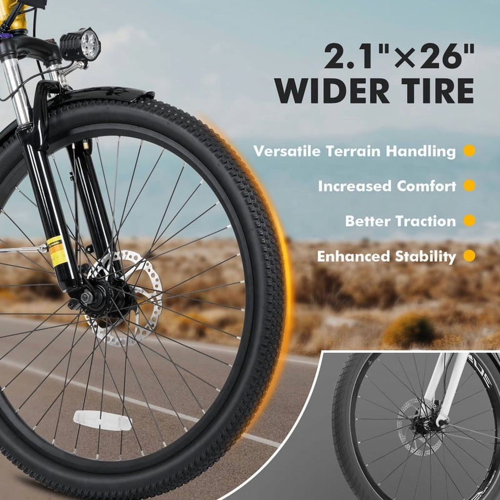 Qlife Electric Bike for Adults,28MPH,1200W Peak Motor 26 Ebike,7-Speed Upgrade 2.0 ElectricBicycle with Front Suspension,(Yellow) Electric Bikes