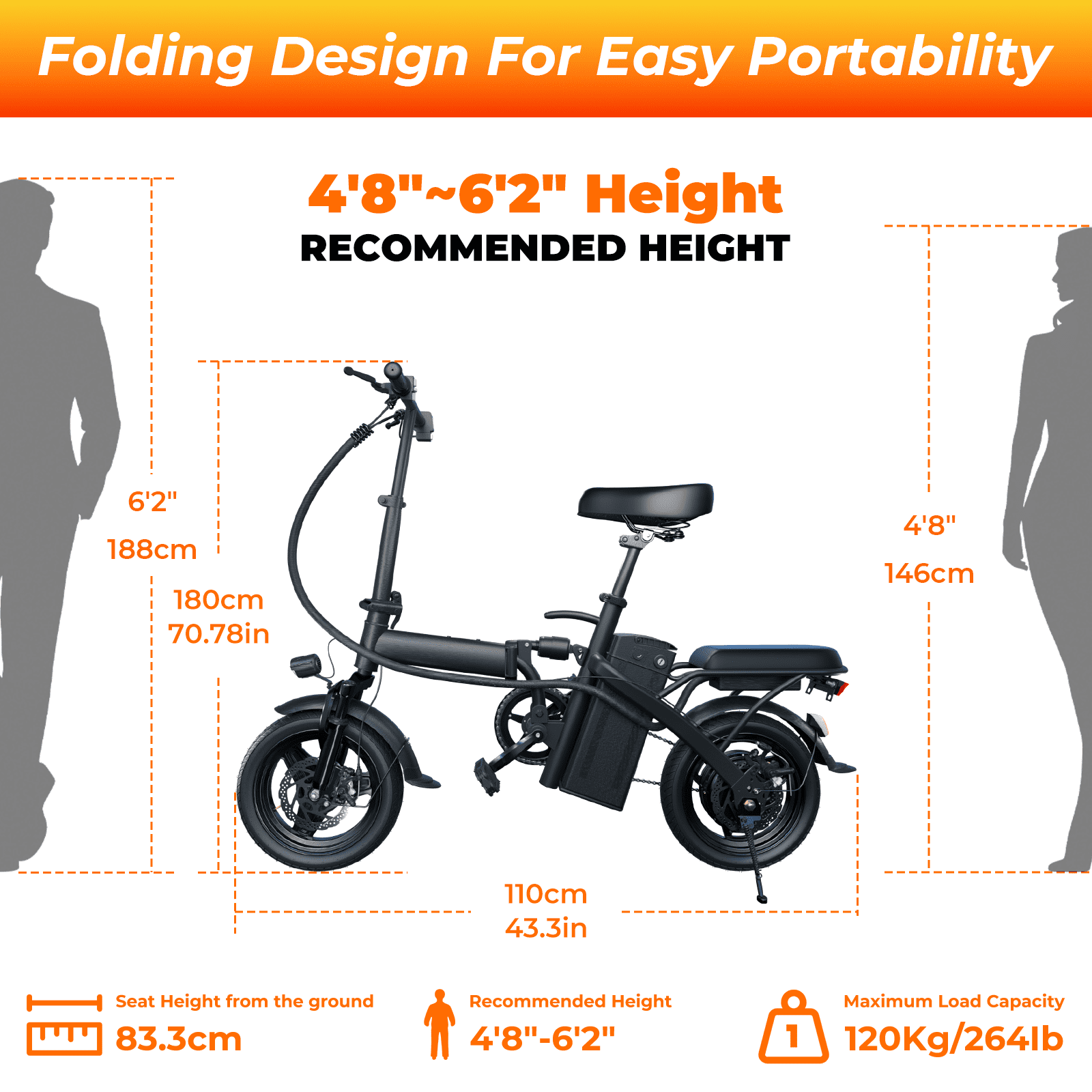 Kunyun T5 48V 750W Adult Electric Bikes,14 Tires, 20mph, 19-22mi Range, Dual Disc Brakes, Adjustable Seat, Removable Basket, Folding Design. Electric Bikes