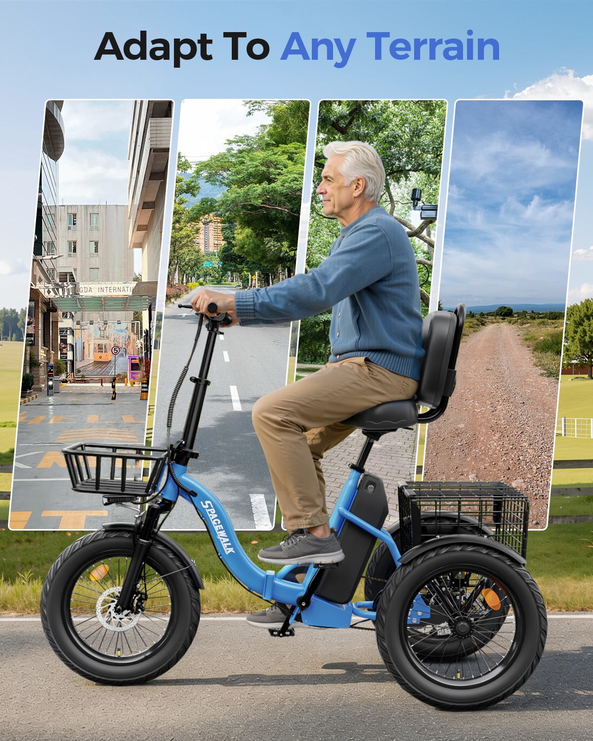 SPACEWALK Adult 3 Wheel Electric Tricycle, 18×3.0 Fat Tires, 48V 15AH battery 700W Peak Motor Up to 60 Miles Range, 18 MPH Adjustable Backrest Electric Bikes Electric Bikes