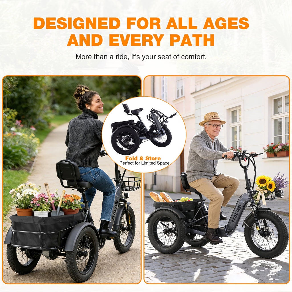 Meghna 20 inch Electric Tricycle 48V Max Speed 15 MPH Foldable 7 Speed Large Capacity Max Load 275 lbs Black Electric Bikes