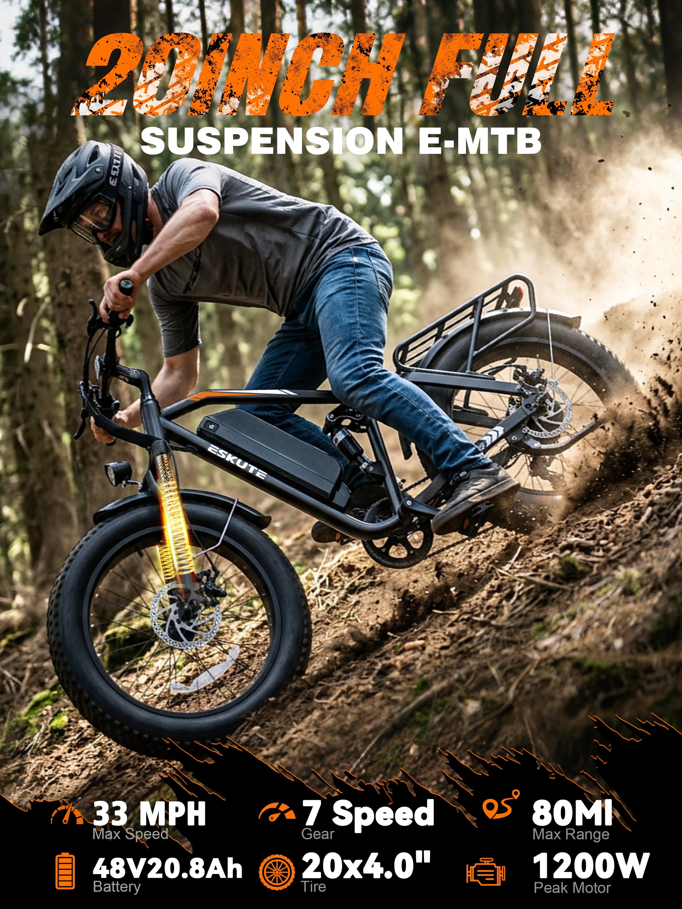 ESKUTE M300F Full Suspension Electric Bike, 20 Fat Tire Ebike, 48V 20.8Ah Removable Battery, 1200W Peak Motor, 7-Speed, Up to 80 Miles, Black, UL2849 Electric Bikes