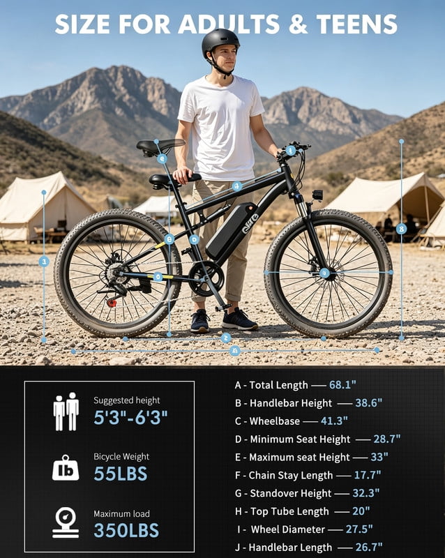 Qlife Racer 27.5 Electric Bicycle for Adults, Full Suspension 21-Speed Mountain Ebike with 500W Brushless Motor, 48V 10.4AH Removable Battery 55 Miles, (Black) with Fender & Rear Rack Electric Bikes