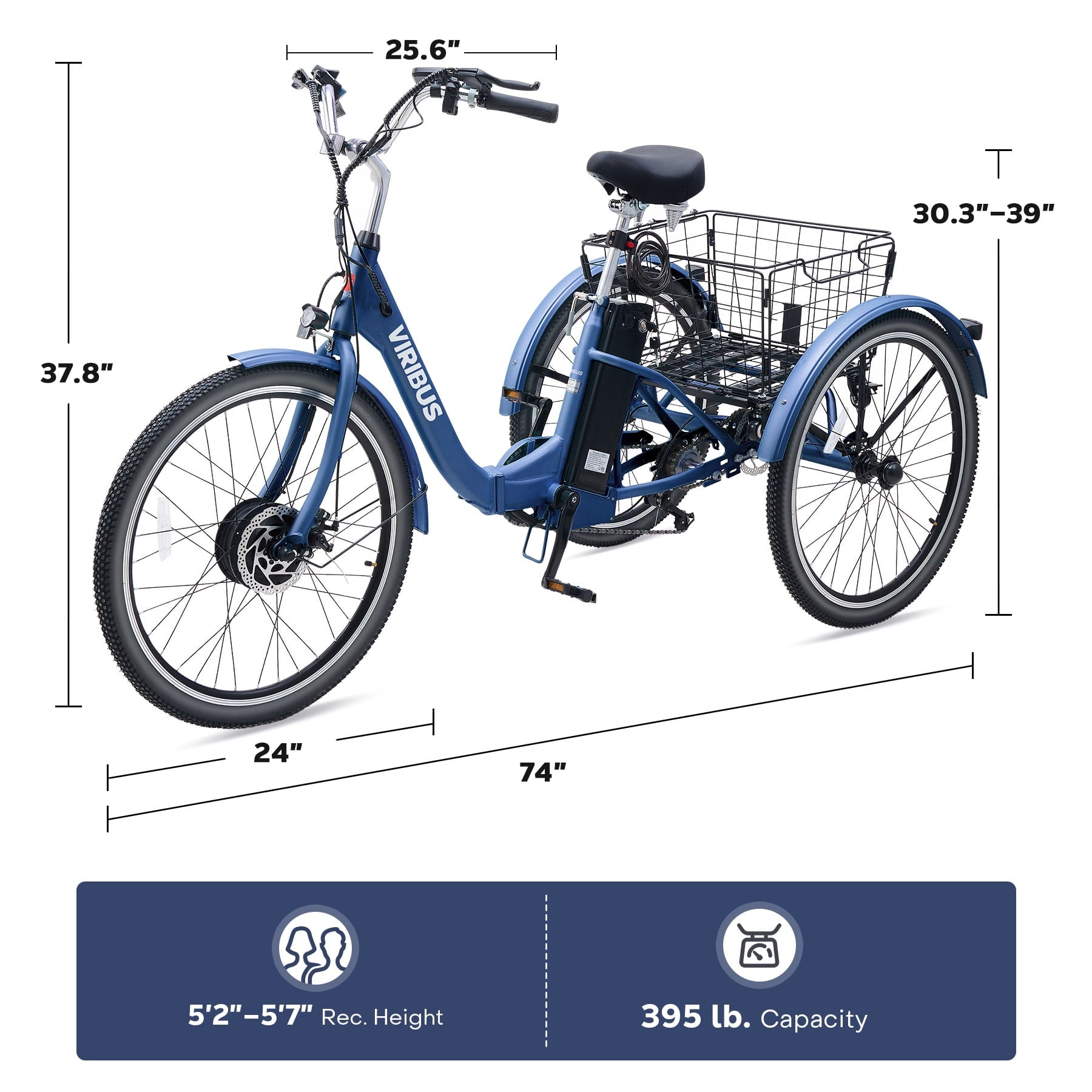 24 7-Speed Folding Electric Tricycle with 350W Motor 36V 13Ah Battery Blue Electric Bikes