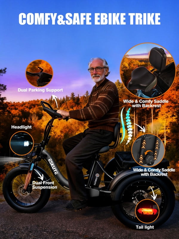 ESKUTE T300 Pro Electric Tricycle for Adults, E Trike, 998.4Wh Battery, 20 x 4.0 Fat Tires, Foldable 3 Wheel Electric Bike, Stable Ride for Seniors & Parents Black, UL2849 Electric Bikes
