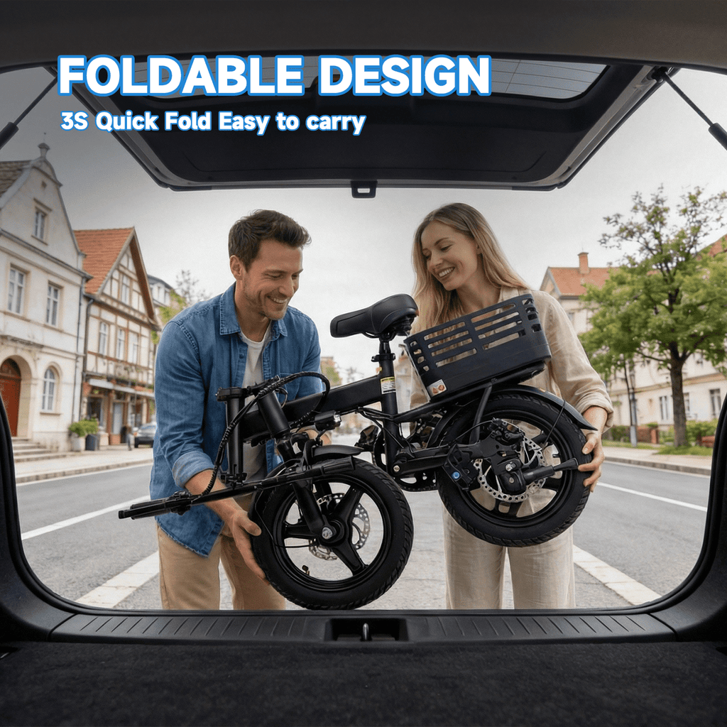 BroPath Electric Bike for Adults, Ebike, Electric Bicycle with 576WH Battery,14 Folding Ebike, 21MPH,20+ Miles(MAX),350W Motor,Multi-Shock Absorption,Commuting Mini E Bikes with Baskets,UL2849 Electric Bikes