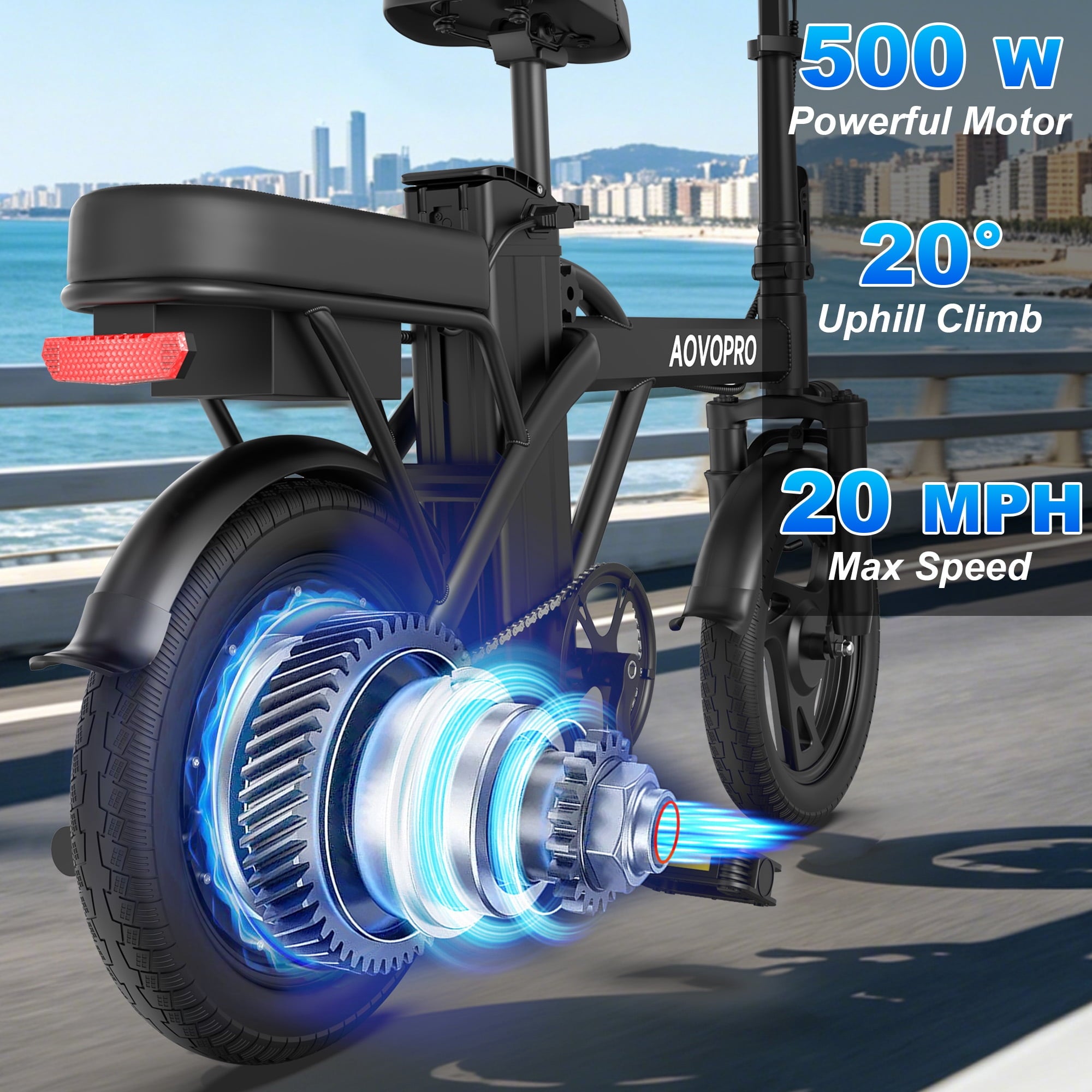 AOVOPRO AHT14 Electric Bike 500W 48V, 14' Mini Ebike for City Commuter, Electric Bicycle for Adult with Two Seats UL2849 Electric Bikes