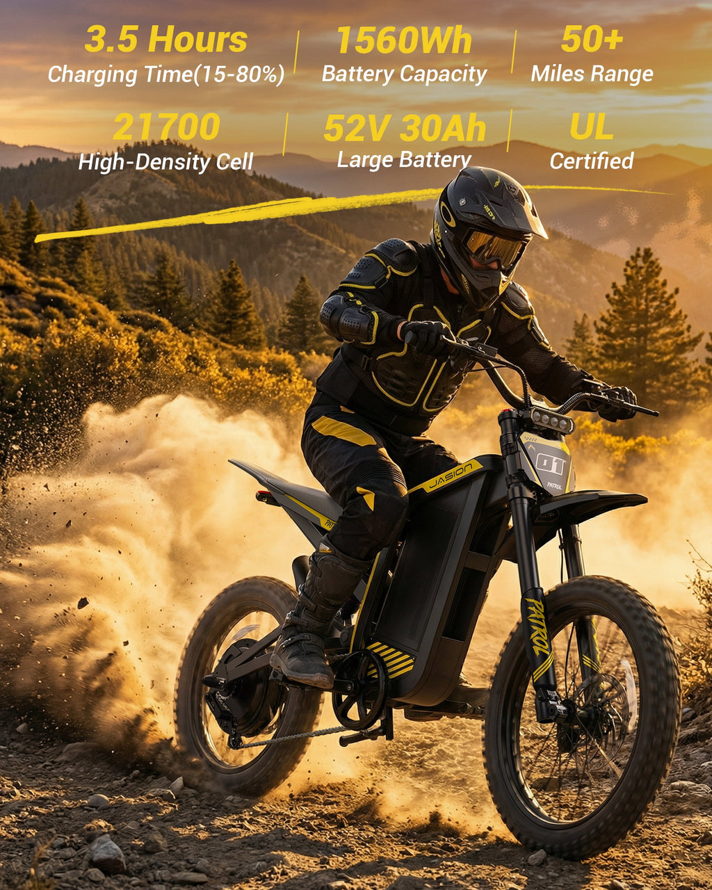 Jasion Patrol Electric Dirt Bike for Adults 19/17, 4000 Peak Motor Ebike 52V 30AH, Fat Tire Electric Motorcycle, UL 2849 Electric Bikes
