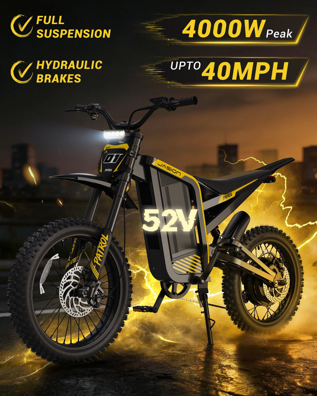 Jasion Patrol Electric Dirt Bike for Adults 19/17, 4000 Peak Motor Ebike 52V 30AH, Fat Tire Electric Motorcycle, UL 2849 Electric Bikes