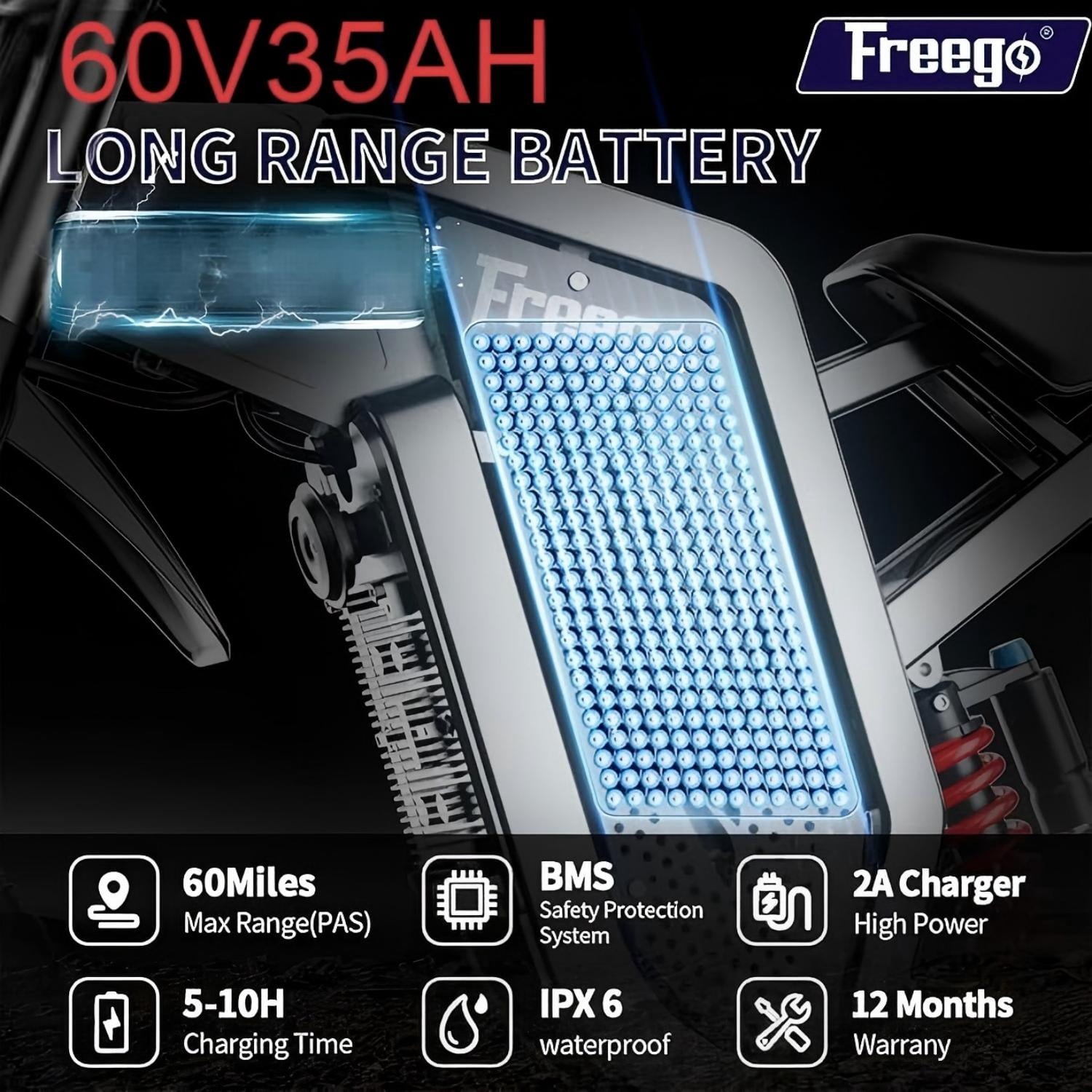 Freego X2Pro 6000W(Peak)Motor 60V 30Ah Battery Electric Motorcycle for Adults,Electric Dirt Bike Teens ,50MPH Off Road Electric Bicycle,19x2 Full Suspension/Four-Piston Hydraulic Brake UL2849 Electric Bikes