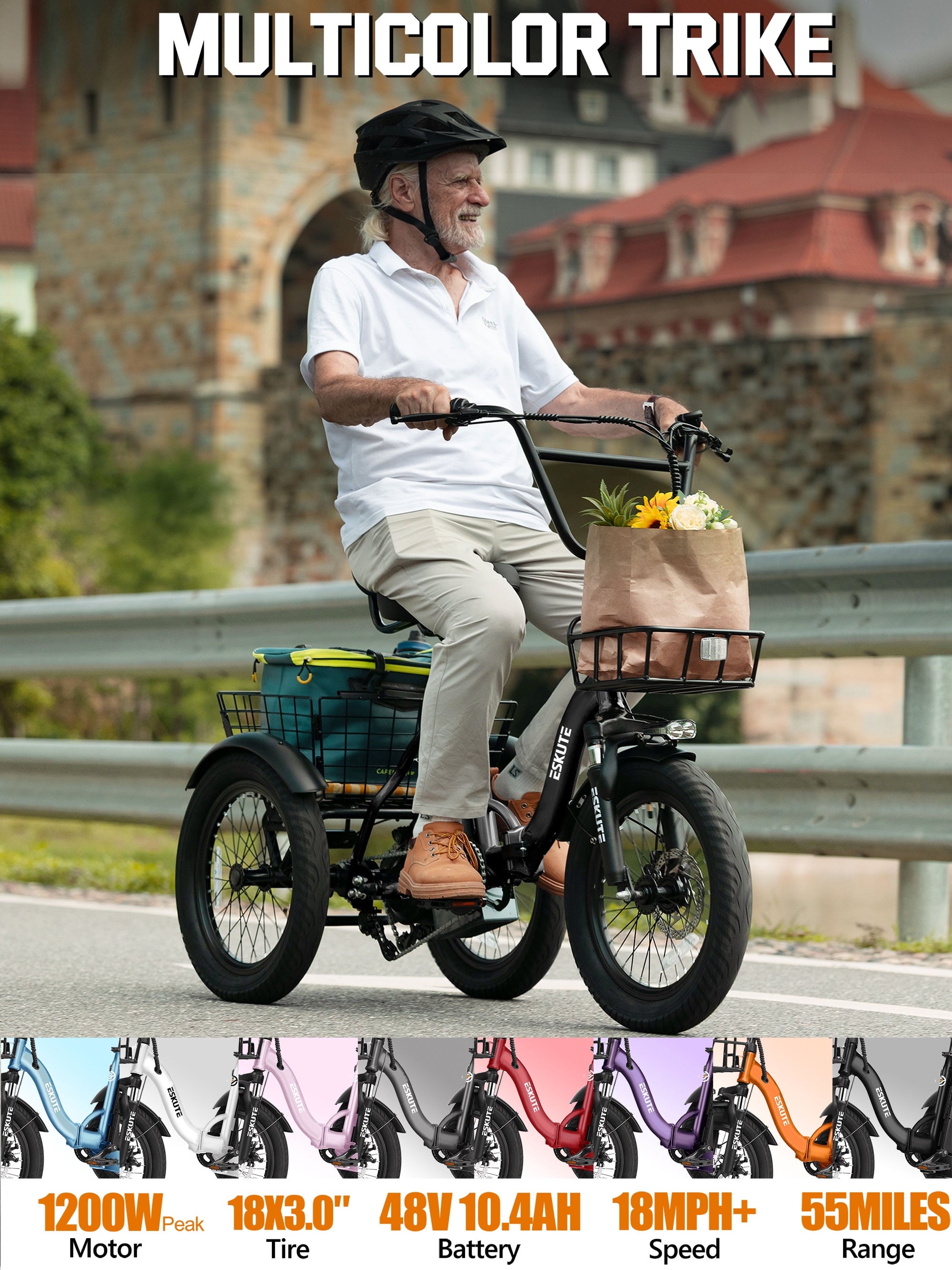 ESKUTE Adult E Trike Electric Tricycle – 750W Brushless Motor, 18+ MPH, Fat Tires, Foldable Step-Thru 3-Wheel E-Bike, Up to 55 Miles, Black Electric Bikes