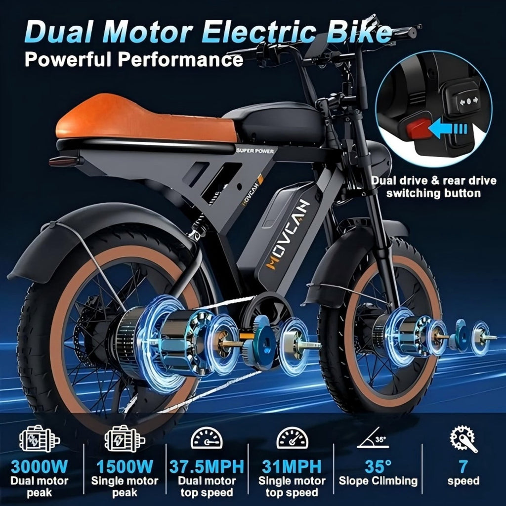 37.5MPH Max Speed,3000W Dual Motor Movcan V30 Pro Max Electric Bike for Adults, 48V 20Ah ×2 Removable Batteries,120 Mile Range, 20x4 Fat Tire Electric Bikes