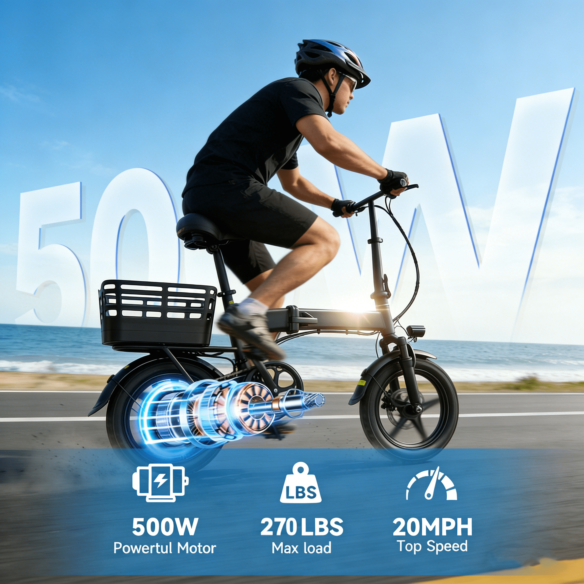OwnGold 14IN Folding Electric Bicycles for Adults Teens with Basket,500W Peak Motor Up to 20 mph Range 30 Miles,36V 12Ah Removable Battery,Commuter/Shopping Mini Ebike,UL 2849 Electric Bikes