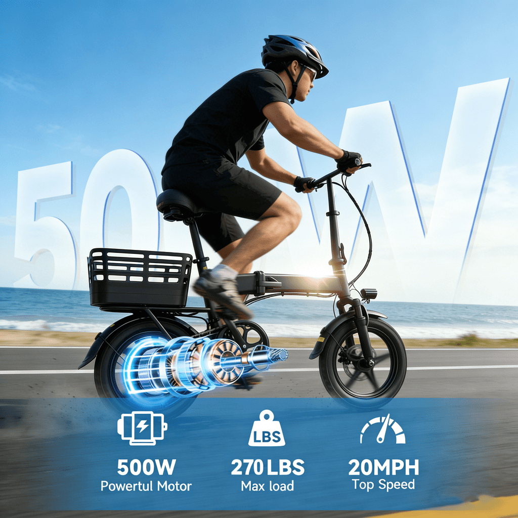 14 Folding Electric Bicycles with 500W Peak Motor,35 Miles 20MPH 432WH Integrated Battery ,Ebike for Adults with Basket,UL2849 Electric Bikes
