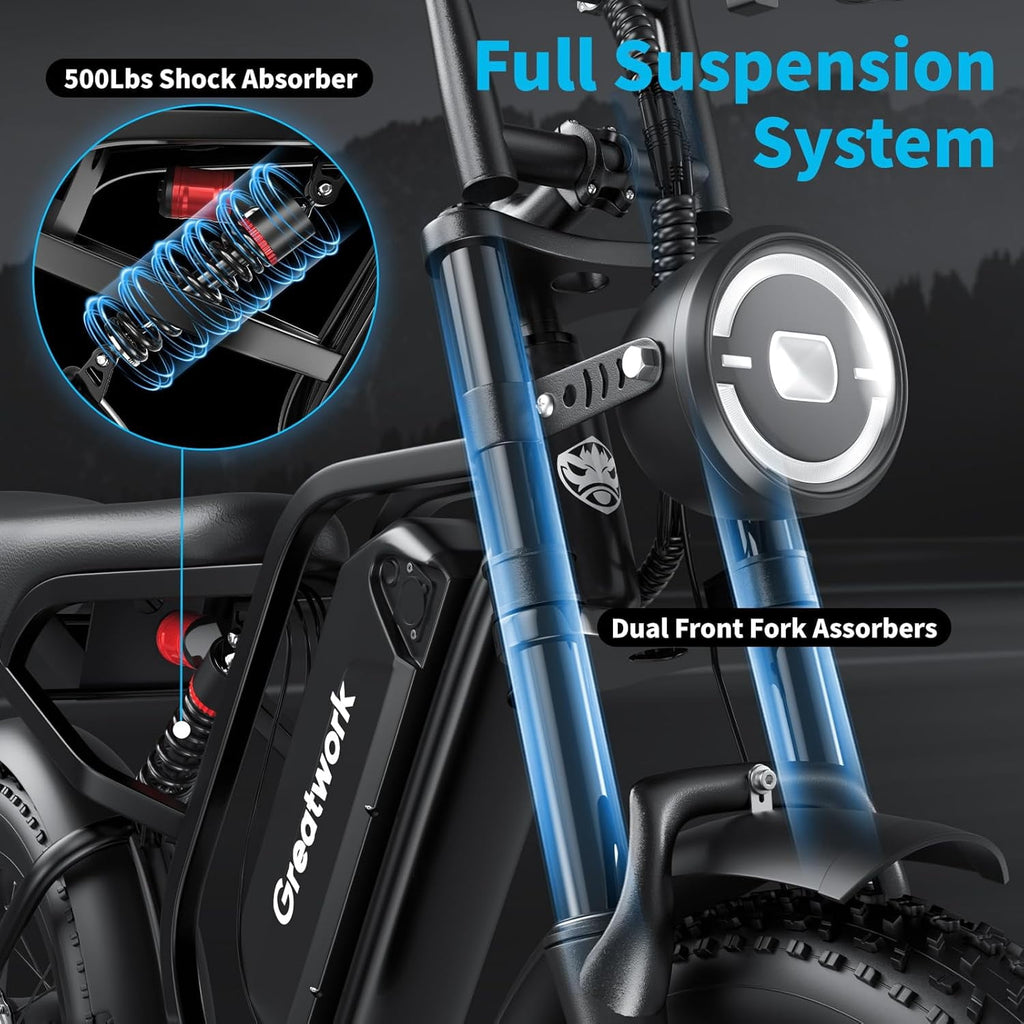 Electric Bicycle Peak 2500W for Adults,37MPH 100Miles, 48V 25Ah, 20*4in Fat Tire 7-Speed Full Suspension Mountain E Bike All-Terrain UL 2849 Electric Bikes