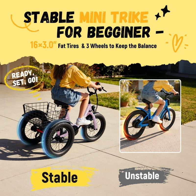 ESKUTE T300mini Electric Tricycle for Beginners, 16 x 3.0 Fat Tire Folding 3-Wheel E-Bike, 500W Peak Motor, 302Wh Battery, Step-Thru, 12.5 MPH, Pink, UL2849 Electric Bikes