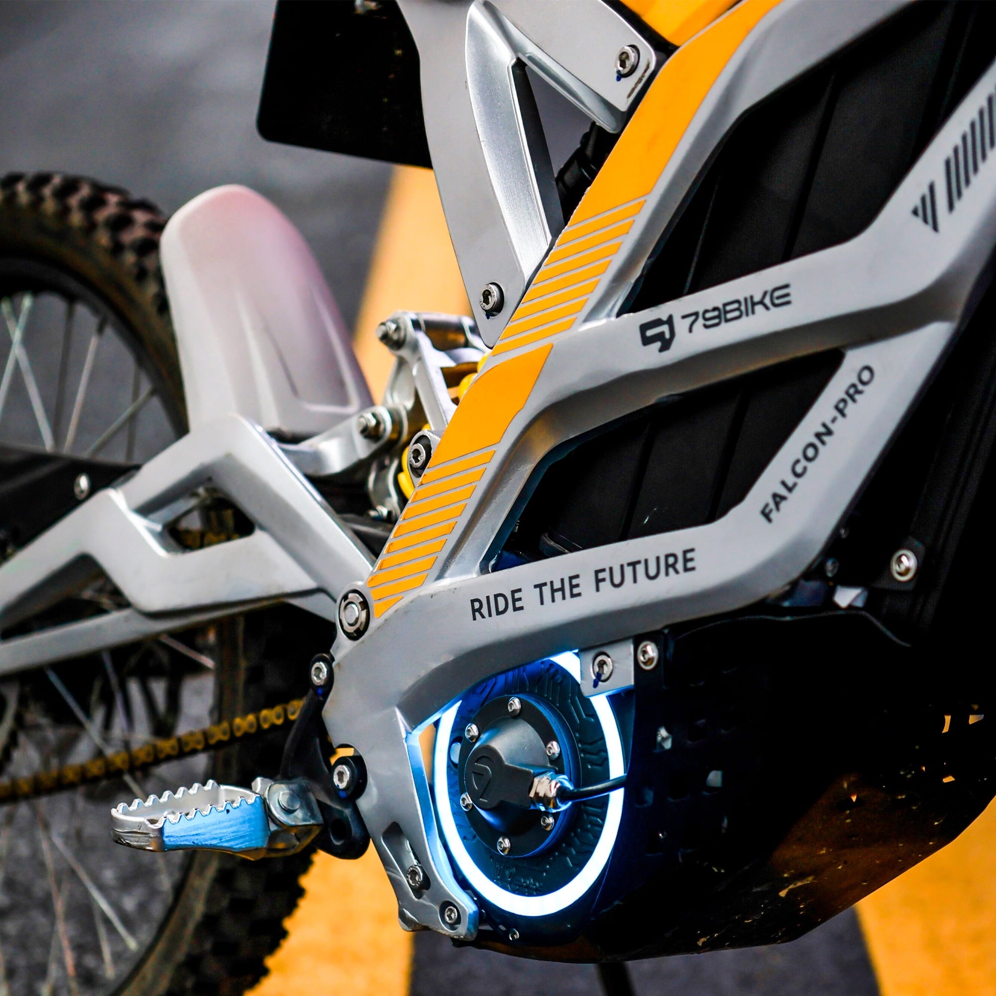 79BIKE Falcon Pro 5000W Electric Dirt Bike for Adults, Off-Road Ebike for Adults with 72V 35AH Battery & All-Terrain 19 Tire 56MPH Silver Yellow Electric Bikes