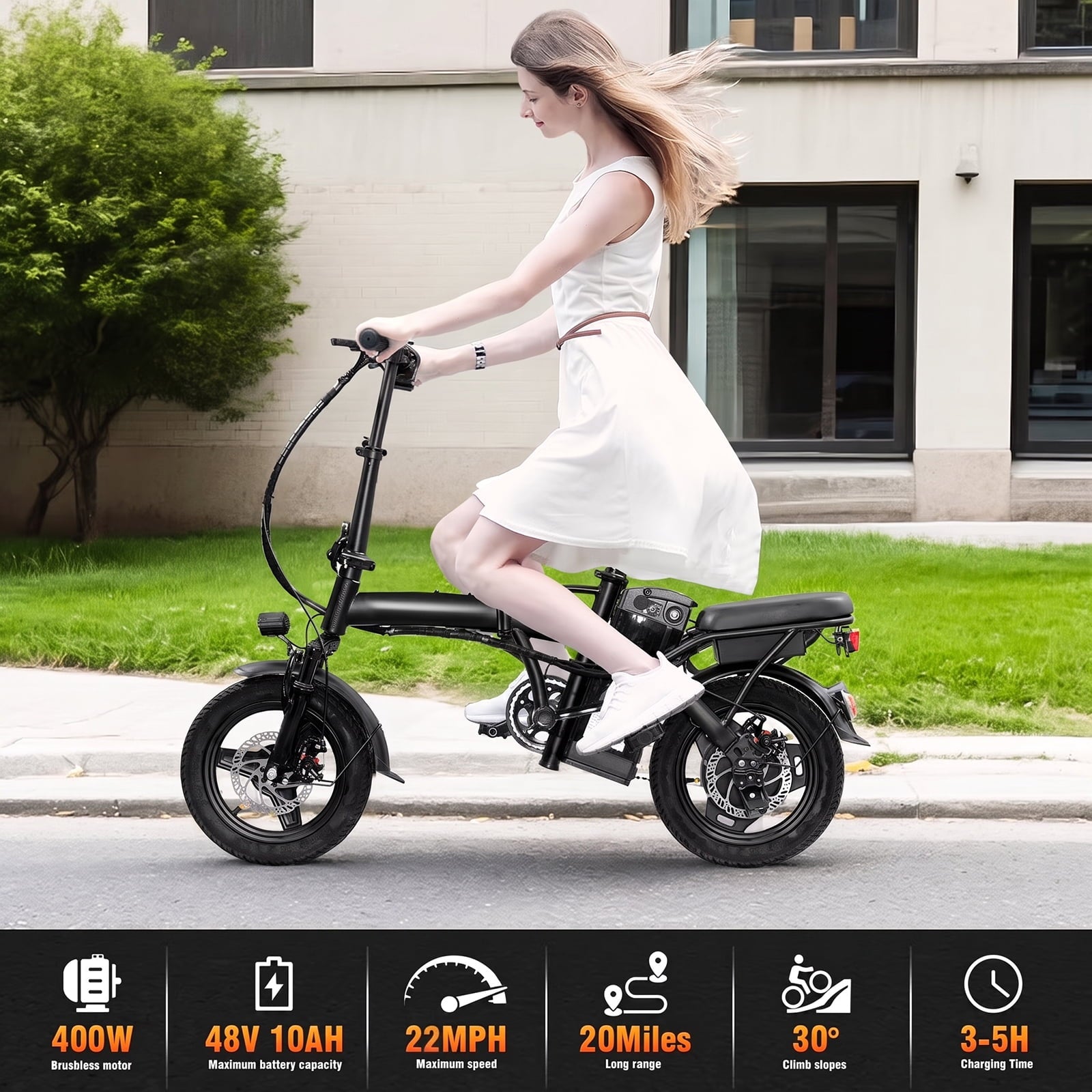 14 Inch Foldable Adult Electric Bicycle, 48V 10Ah 400W Motor, 3-Speed Gearing, Dual Spring Shock Absorbers, Front and Rear Led Safety Lights, Portable Design Electric Bikes