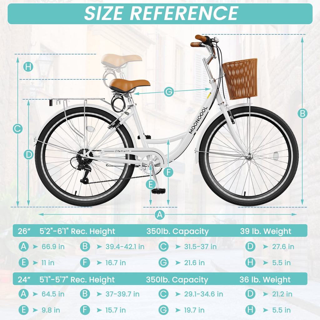 MOONCOOL 24/26 Inch Cruiser Bike for Women, 7 Speed Step-Through Bicycle with Basket, Rear Rack & Lock, Retro City Bike for Adults Electric Bikes