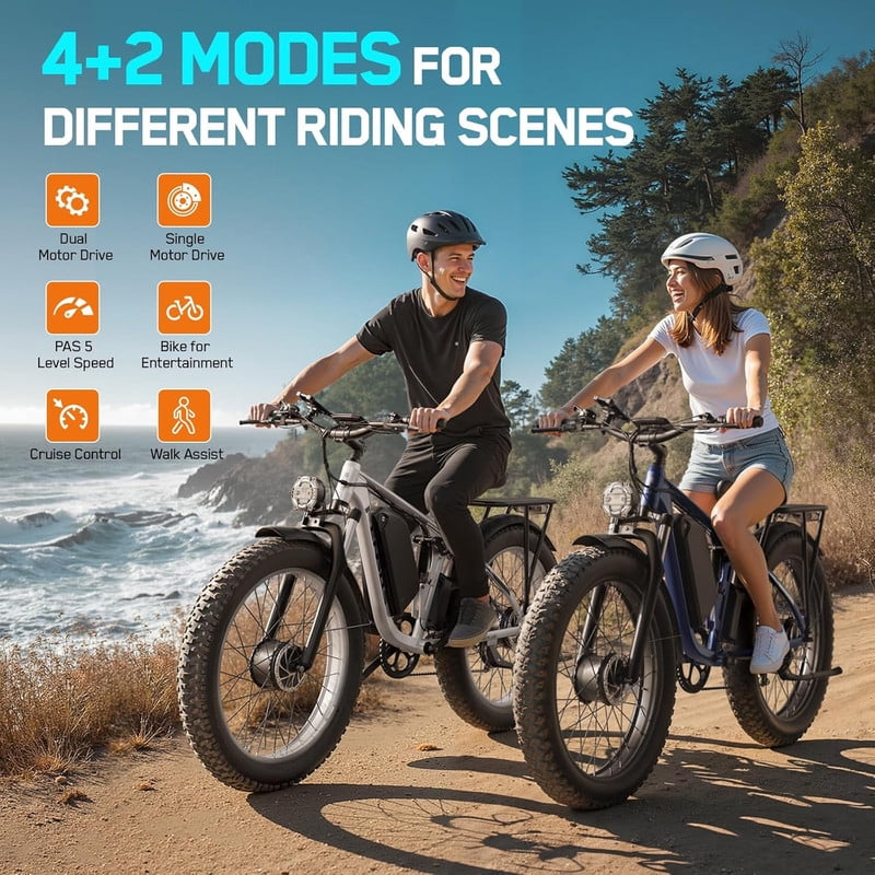 FENGQS 6000W Dual Motor Electric Bike for Adults, 24x4 Fat Tire, Up to 50mph 100 Mile, 60V/20Ah Battery, Full Suspension, For Off-Road Use Only (Gray Blue) Electric Bikes