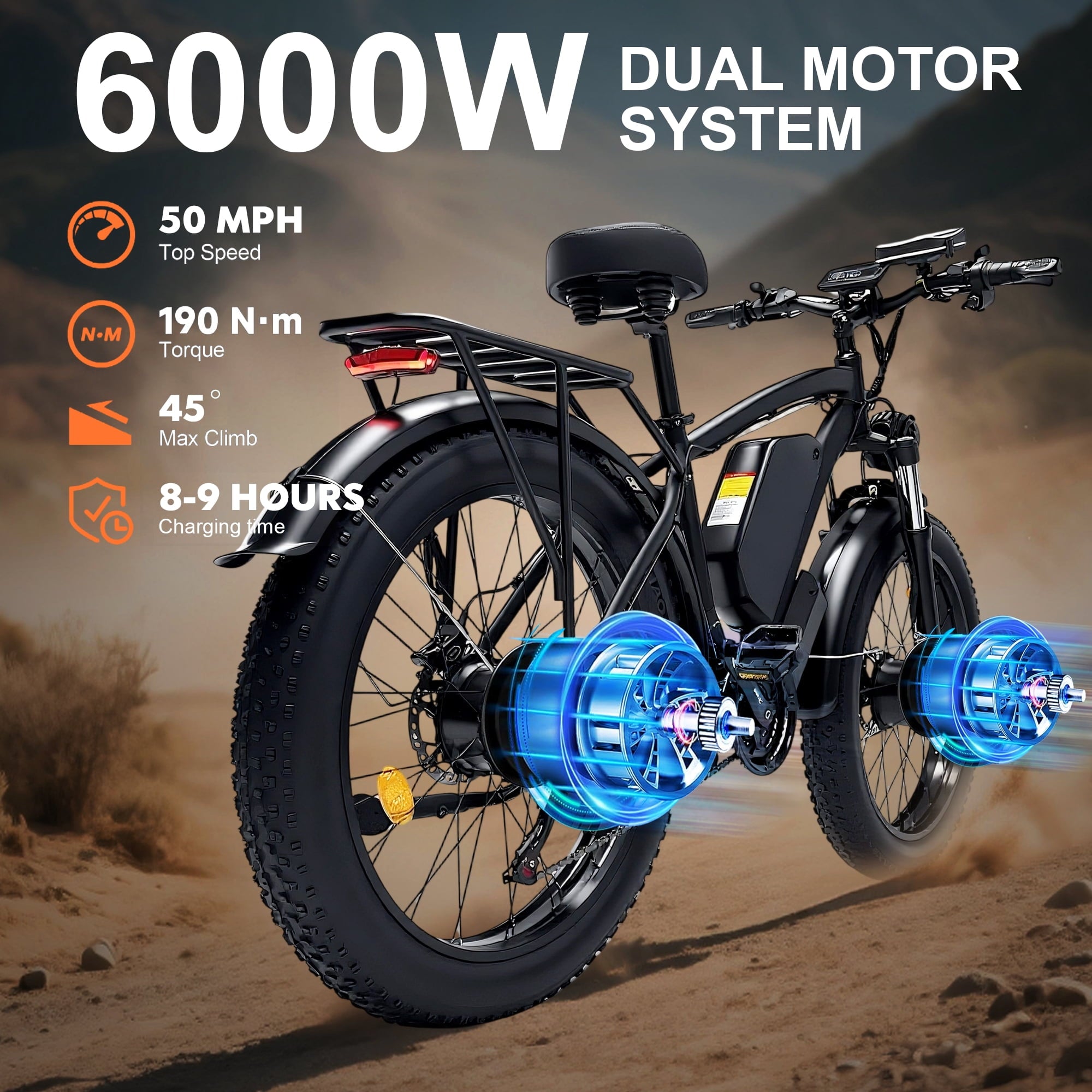 KYD Electric Fat Tire Bike for Adults, 6000W Dual Motor Ebike, Max 50MPH 26x4.0 Off-Road Mountain Electric Bicycle, 60V 25AH, UL2849 Electric Bikes