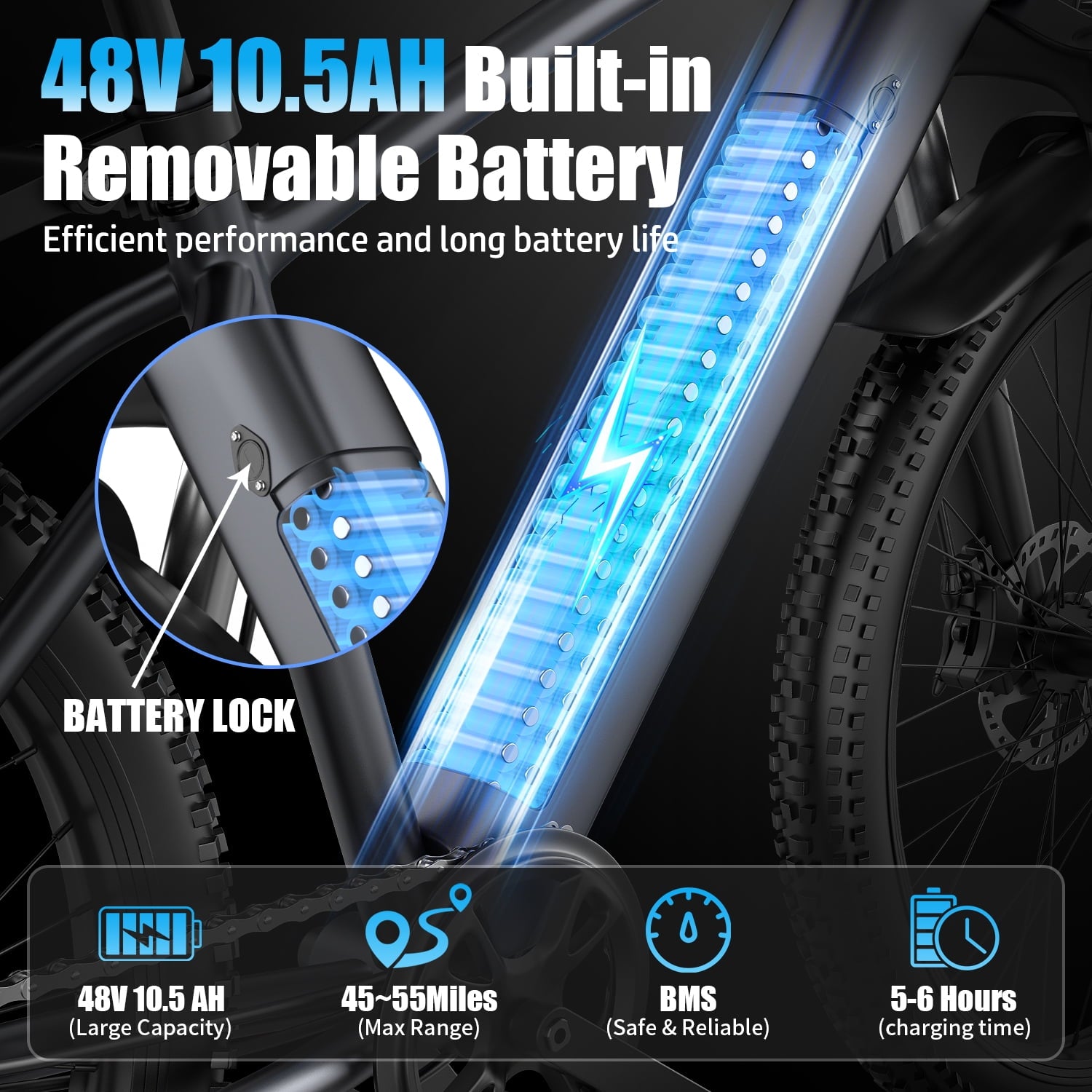 F28-1500W Peak 26 Electric Mountain Bike for Adults,48V 10.5A Off-Road E-Dirt Bike (Removable Battery）55 Mile Range,LCD Display,365 lbs Capacity,Pneumatic Tires-UL2849 Certified (Camp,Trail Rid) Electric Bikes