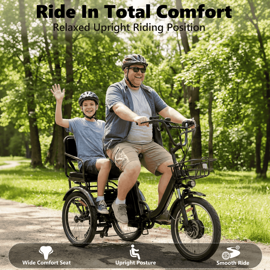 NOMIGO Two-Seat Electric Tricycle for Adults, Foldable 3 Wheel E-Bike for Errands with Rear Seat, Large Baskets and 48V Battery Electric Bikes
