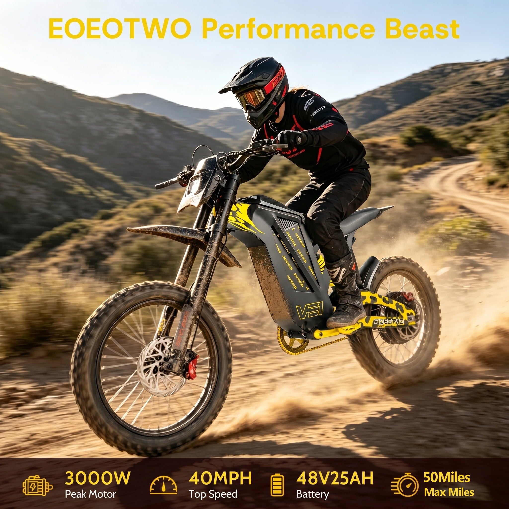 EOEOTWO EX1 Adult Off-Road Electric Bike, 3000W Motor & 40MPH Top Speed, 48V 25Ah Battery for 50-Mile Range, Dual Shock Dirt Bike with 17 Tires & Hydraulic Brakes UL 2849 Electric Bikes