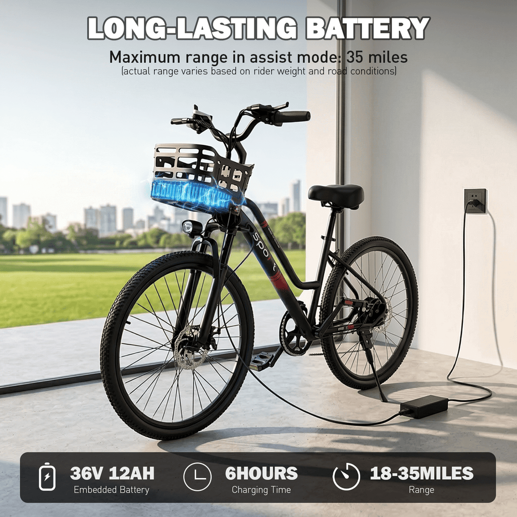 OwnGold Electric Bike with Basket,750W Peak Motor 25MPH 35+ Miles,432Wh Battery,26Commuter Ebike for Adults,7-Speed,UL2849 Electric Bikes