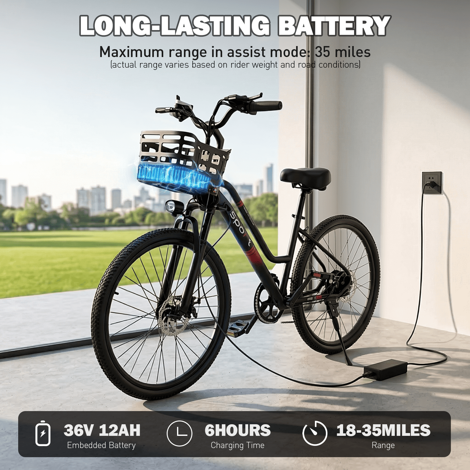 OwnGold Electric Bike with Basket,750W Peak Motor 25MPH 35+ Miles,432Wh Battery,26Commuter Ebike for Adults,7-Speed,UL2849 Electric Bikes