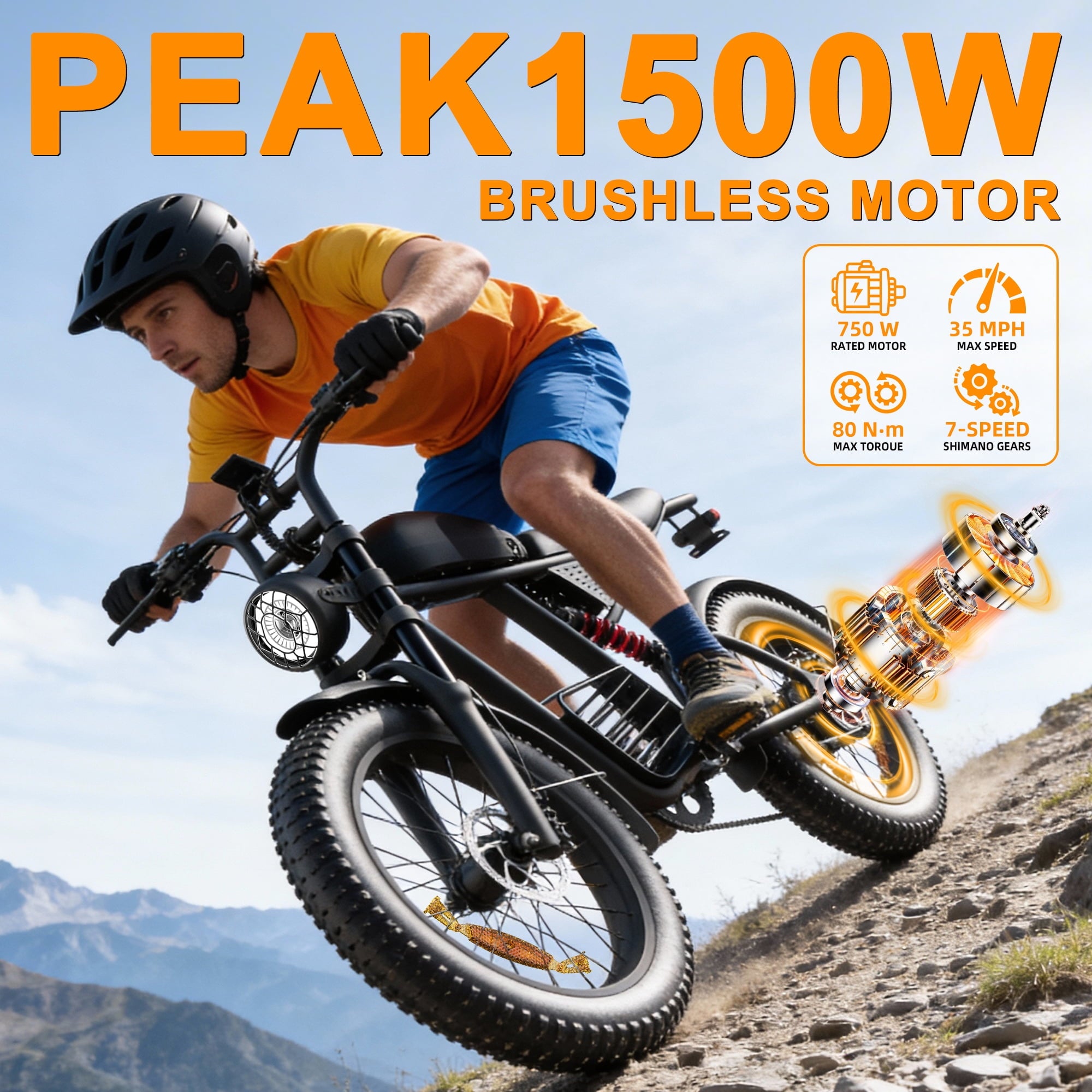 Electric Bike for Adults, 750W Peak 1500W Motor,Max 35MPH & 60Mile, 20x4 Fat Tire, E Mountain Bike, 48V/18.9AH Battery,UL2849,Fit for 18+ Electric Bikes