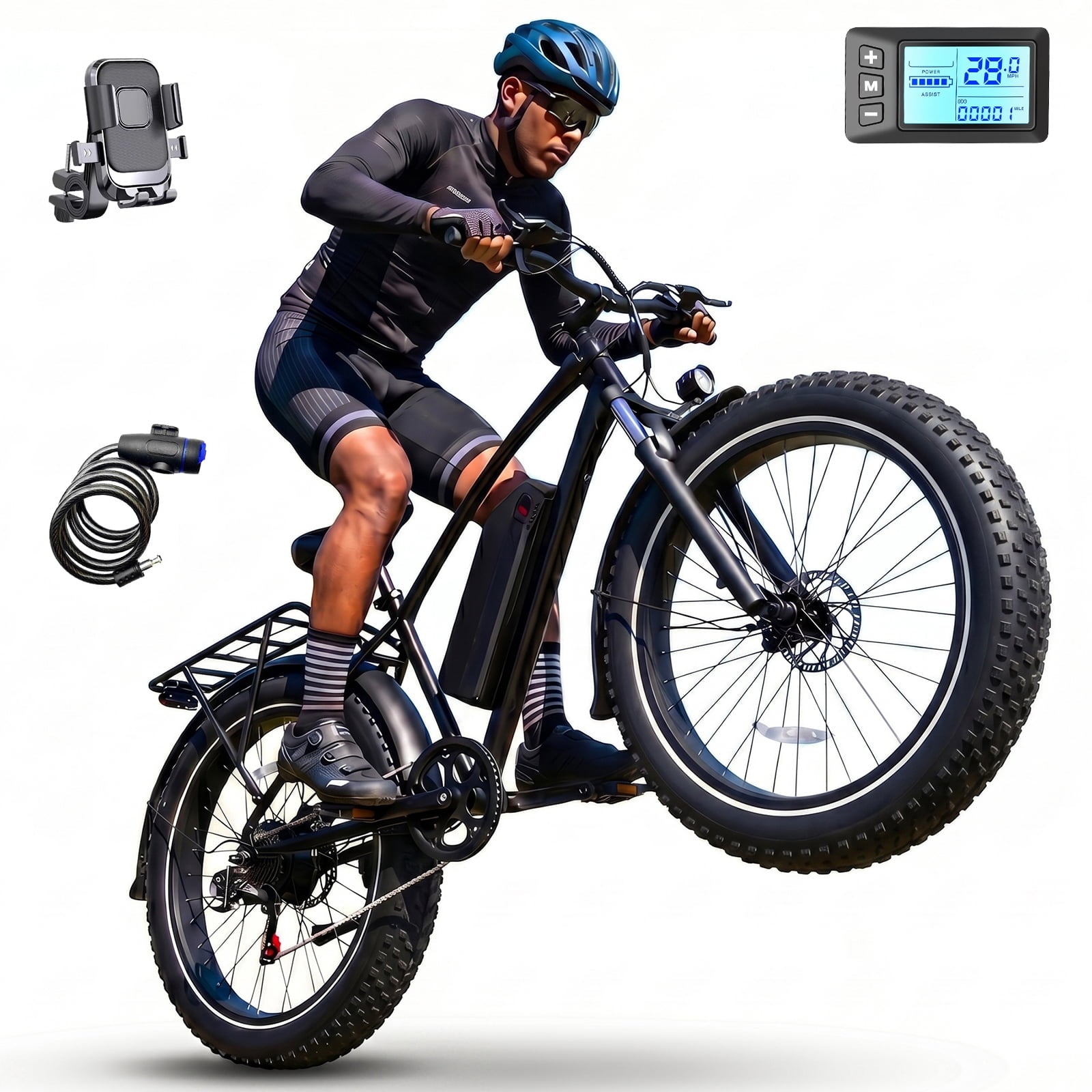 Rexei Yeki 26 Fat Tire EBike, 1200W Electric Bike for Adults, 48V 15AH Battery, 28 MPH Max Speed, 7-Speed , 500 lbs, Front Suspension, Dual Disc Brakes, LCD Display, UL2849 Electric Bikes