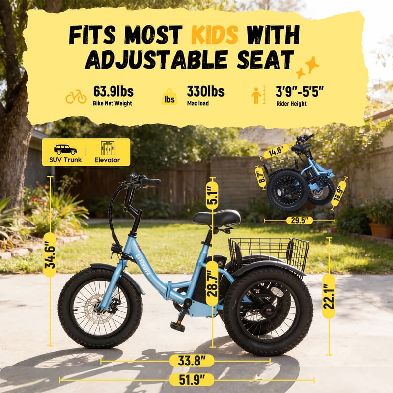 ESKUTE T300mini Electric Tricycle for Beginners, 16 x 3.0 Fat Tire Folding 3-Wheel E-Bike, 500W Peak Motor, 302Wh Battery, Step-Thru, 12.5 MPH, Blue, UL2849 Electric Bikes