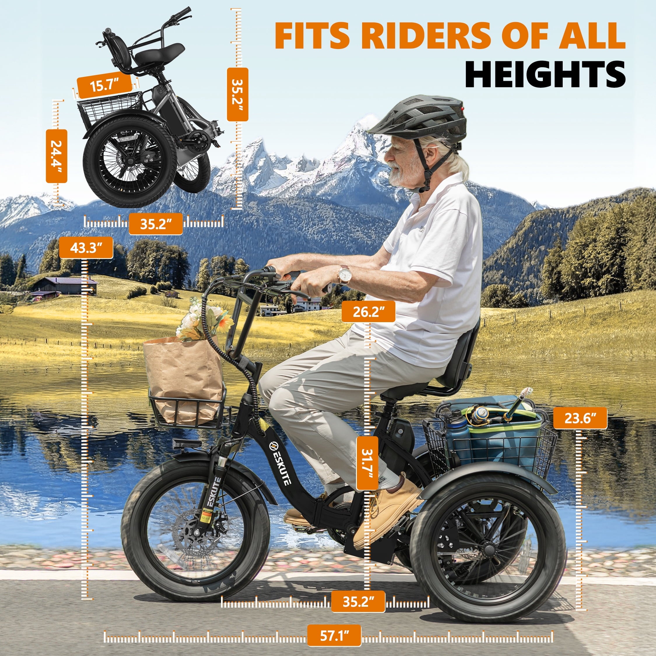 ESKUTE Adult Electric Tricycle, Folding Step-Thru E-Trike with Removable Battery, 18 x 3.0 Fat Tires, Long Range 3-Wheel Electric Bicycle for Daily Riding UL2849, Black Electric Bikes