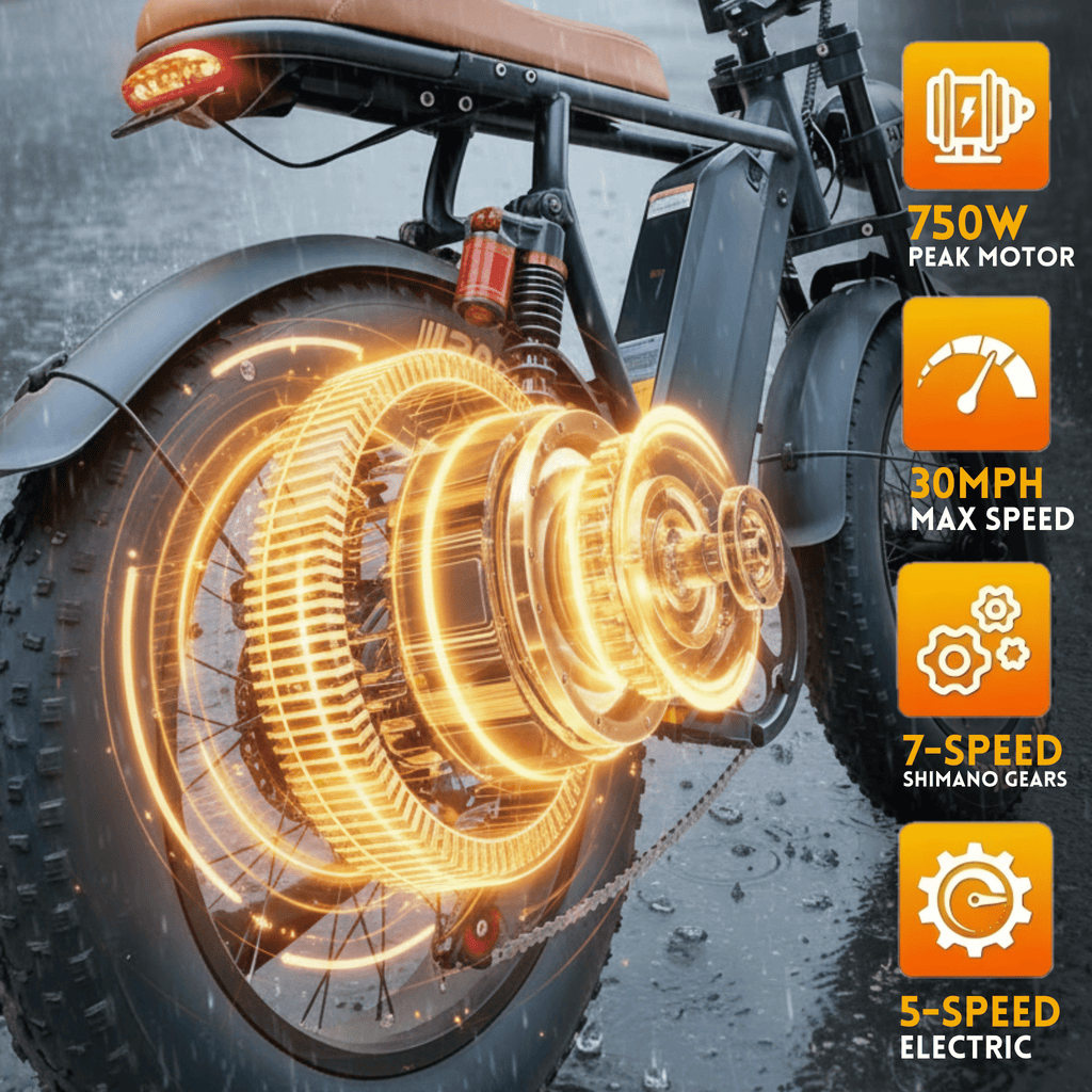 20'' Fat Tire E-Mountain Bicycle for Adults, Peak 750W Motor Electric Bike, 48V 15Ah 30MPH 7-Speed Ebike UL2849 Electric Bikes