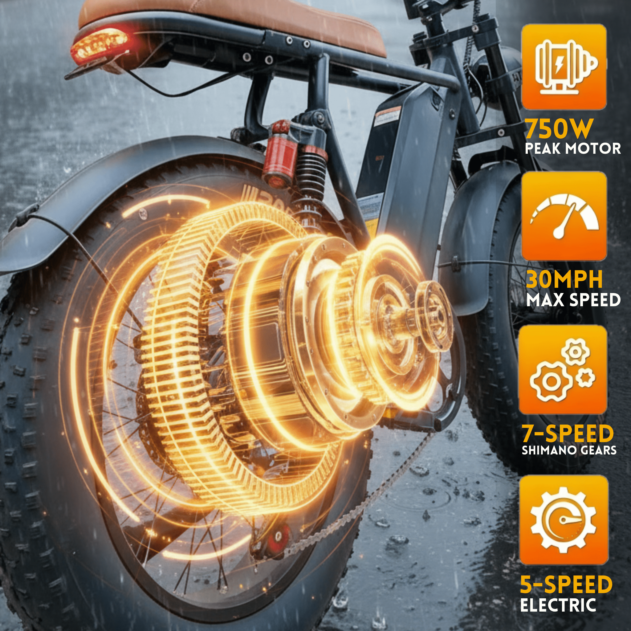20'' Fat Tire E-Mountain Bicycle for Adults, Peak 750W Motor Electric Bike, 48V 15Ah 30MPH 7-Speed Ebike UL2849 Electric Bikes