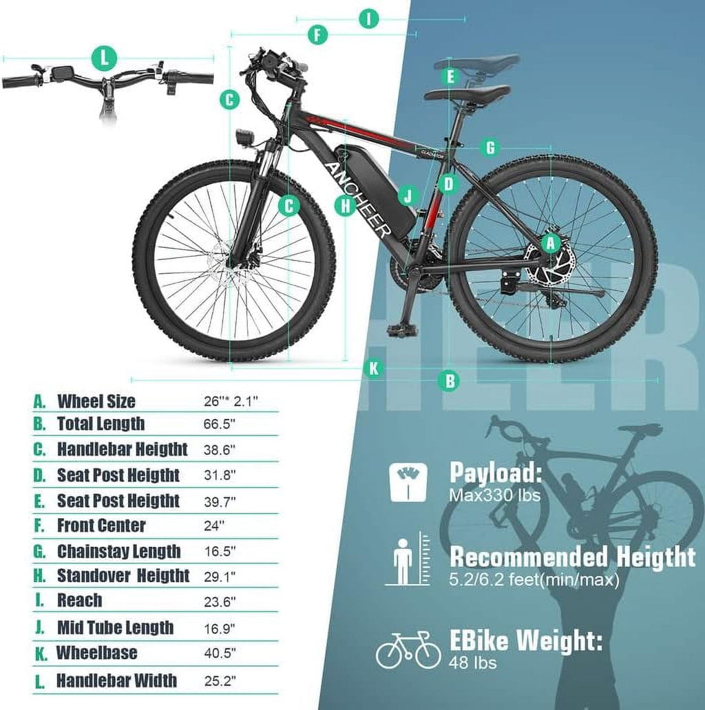 ANCHEER Gladiator 500W 26 Electric Bike for Adults, Electric Mountain Bike with 2.1 Inch eMTB Tire, 48V 10.4Ah Battery, 3H Fast Charge, Shimano 21 Speed, Adults Electric Bicycle UL2849 Electric Bikes