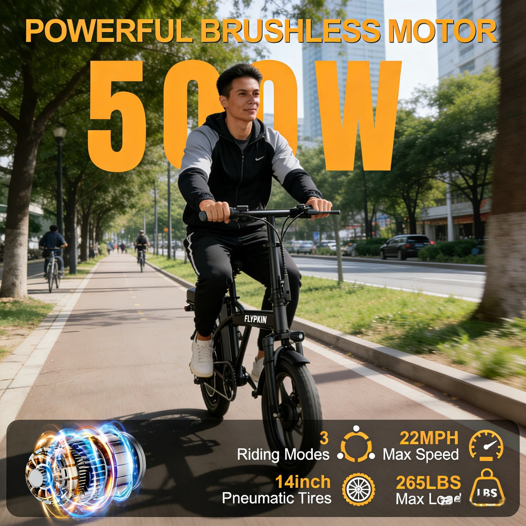 Electric Bike for Adults, 500W Motor, 20 MPH Max Speed Folding Ebike, 14 Electric Bicycles, Max 30 Miles Range (Pedal Assist Mode), Mini E Bikes Electric Bikes