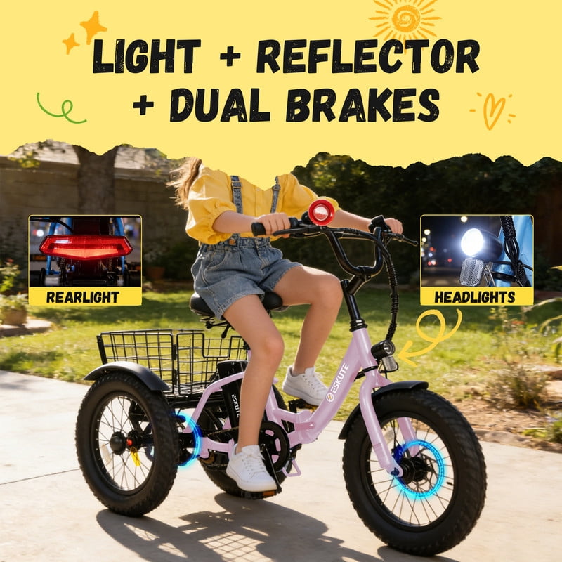 ESKUTE T300mini Electric Tricycle for Beginners, 16 x 3.0 Fat Tire Folding 3-Wheel E-Bike, 500W Peak Motor, 302Wh Battery, Step-Thru, 12.5 MPH, Pink, UL2849 Electric Bikes
