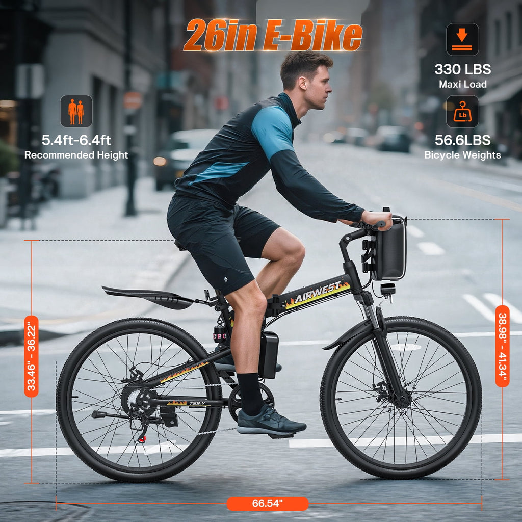 AIRWEST 26 Folding Electric Bike for Adults -Peak 750W Motor, 48V 374.4W Removable Battery, 7-Speed, Dual Suspension，Mountain E-Bike, UL2849 Electric Bikes