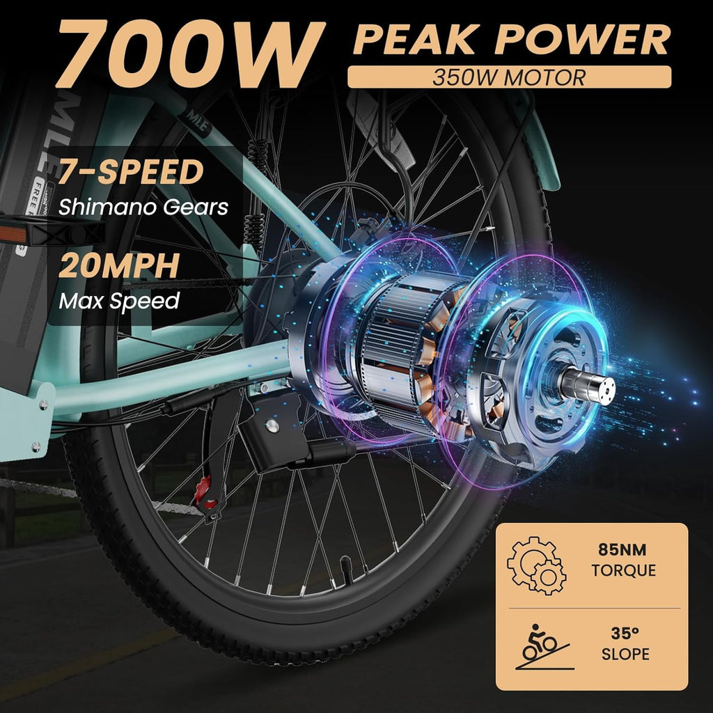 MOONCOOL Electric Bicycle for Adults 350W , 7-Speed Ebike with 36V 10.4Ah Removable Battery， 40 Miles Range , 20 mph Electric Commuter Bike for Women Men Electric Bikes