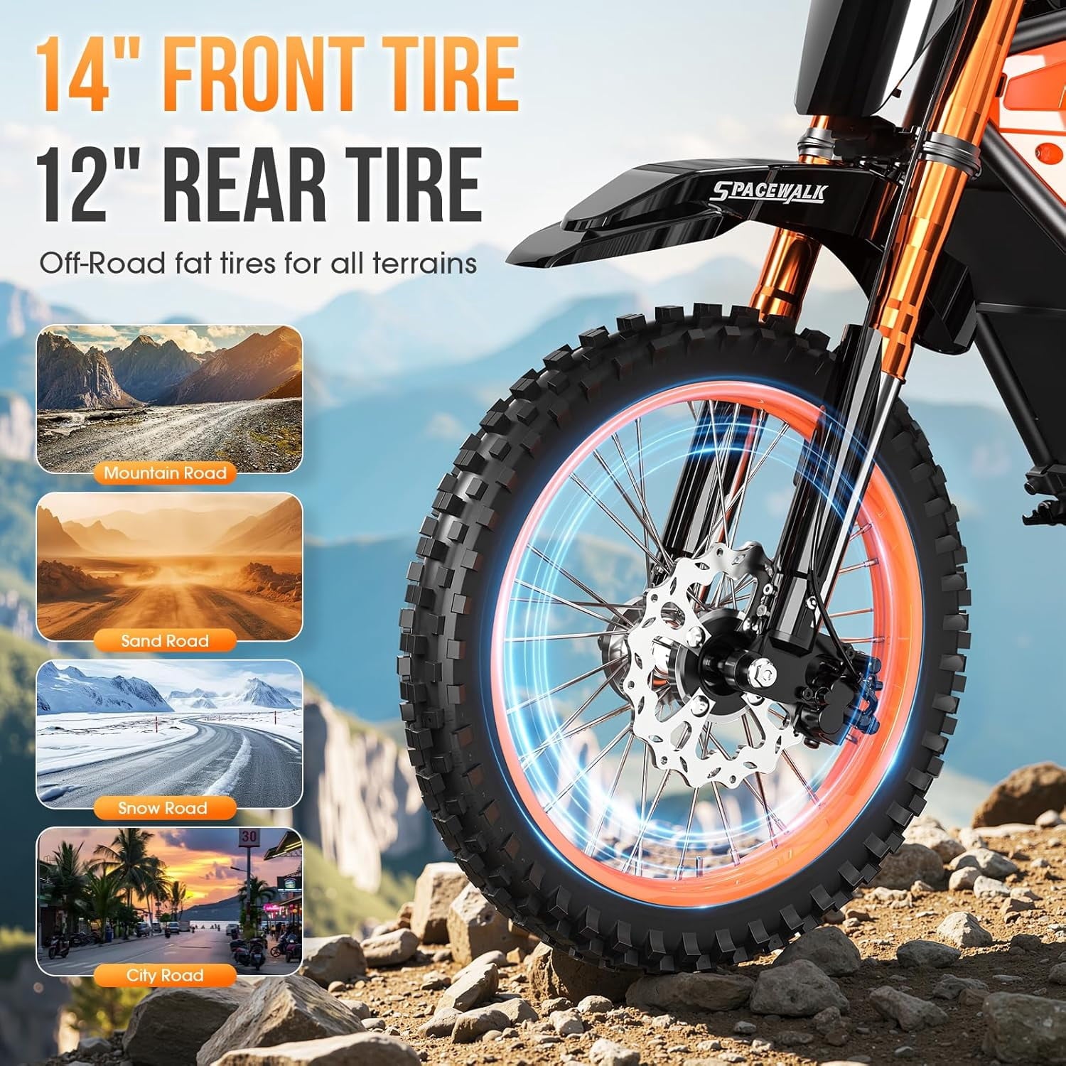 SPACEWALK 3000W Peak Motor 37.5MPH off road Mountain E Bike for Teens&Adults, 48V 14/12 Fat Tires E-Bike, Full Suspension, Hydraulic Brakes UL2849 Electric Bikes