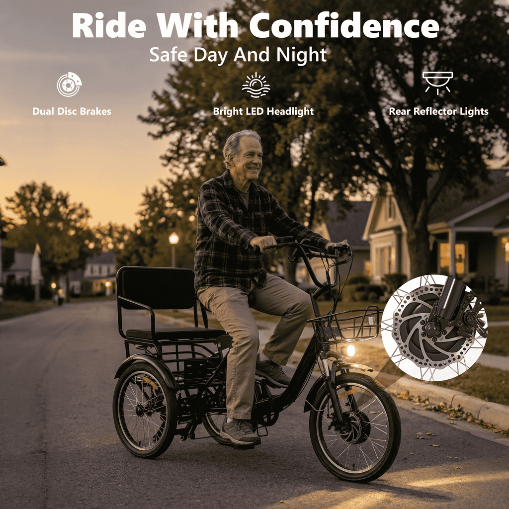 NOMIGO Two-Seat Electric Tricycle for Adults, Foldable 3 Wheel E-Bike for Errands with Rear Seat, Large Baskets and 48V Battery Electric Bikes