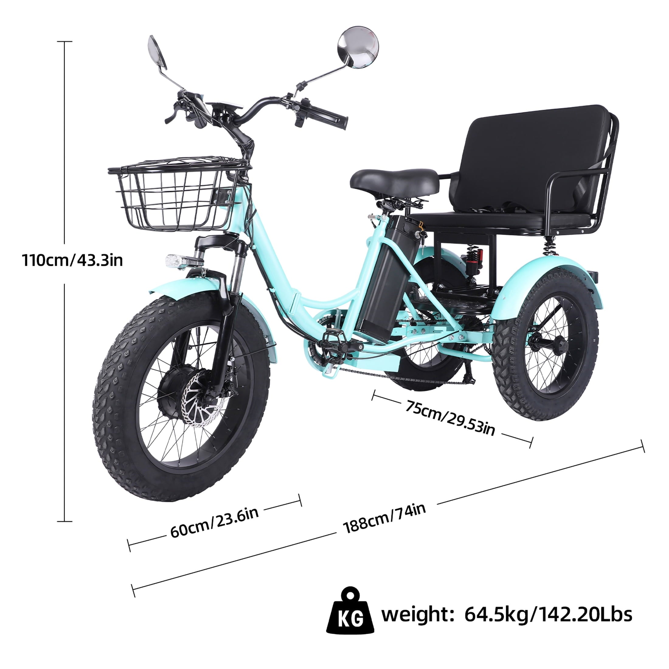 Vicamy Adult Electric Tricycle, 20x4 Fat Snow Tire 500W Hub Motor E Trike, 48V 20AH Removable Battery, 20 mph Max Speed, 360 lbs Capacity, LCD& LED Headlight Electric Bikes