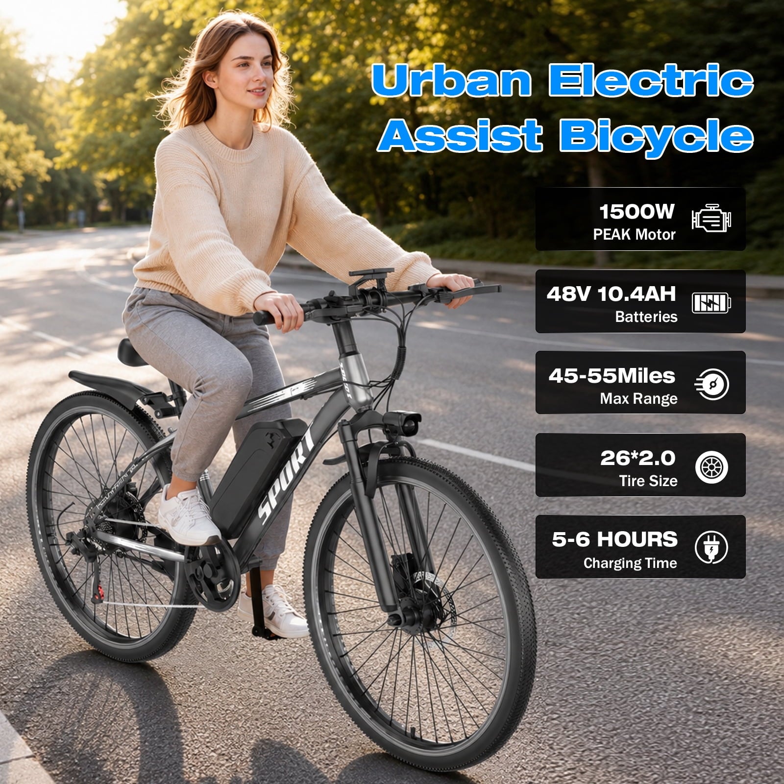 GWEIT 26Electric Bike for Adults, 1500W Peak Mountain E-Bike with 25MPH 45Miles Range Electirc Mountain Bike, 48V 10.4Ah Removable Battery, UL2849 Certified Electric Bikes