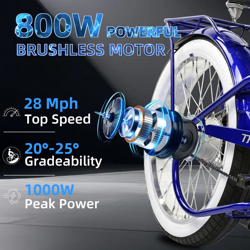 Tracer Twenty5 DS Cruiser E-bike, 26 Wheels, 800W Rear Motor, 48V/17.5Ah Battery, 5 PAS, Supsension Fork, Disc Brake, for Men, Blue Electric Bikes